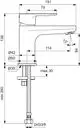 Waschtischarmatur von Ideal Standard, mit modernen Linien, einem Hebel zur Steuerung des Wasserflusses und einer flexiblen Installation. Klar strukturierte technische Zeichnung.